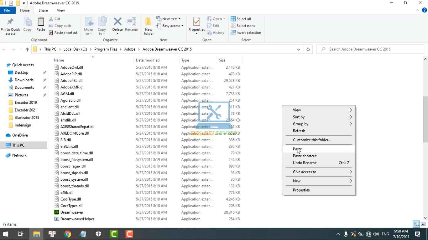Dán phần mềm kích hoạt vào thư mục cài đặt Dreamweaver 2015